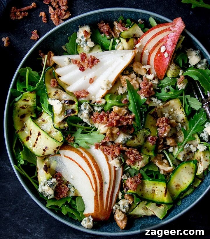Winter Vegetable Noodle Salad with Citrus-Ginger Dressing 9 Grilled Zucchini, Stilton and Pear Salad on a dark background