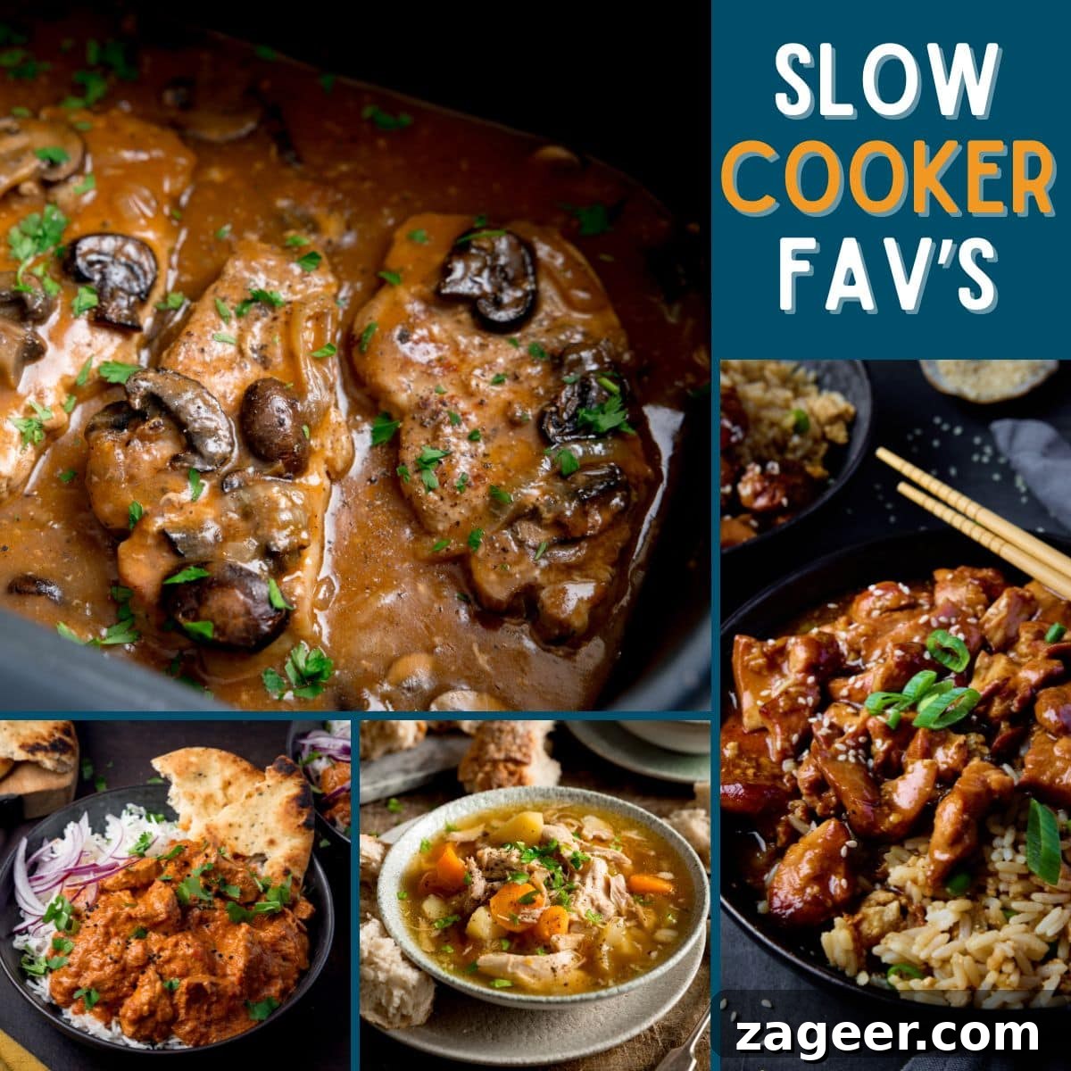 Top Slow Cooker Recipes for Flavorful Weeknight Meals 2 Collage of slow cooker dishes including smothered pork chops, butter chicken curry with naan, Chicken and vegetable soup and honey garlic chicken with rice; text reads Slow Cooker Favourites.