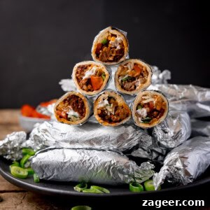 Mini Chicken and Bean Burritos with Zesty Salsa Recipe 15 Square image showing mini burritos wrapped in foil, piled up on a plate. Some of the burritos have been sliced in half and piled on top of the whole burritos to show the filling. The plate is on a wooden table against a black background. There is a small bowl of tomatoes blurred out in the background.