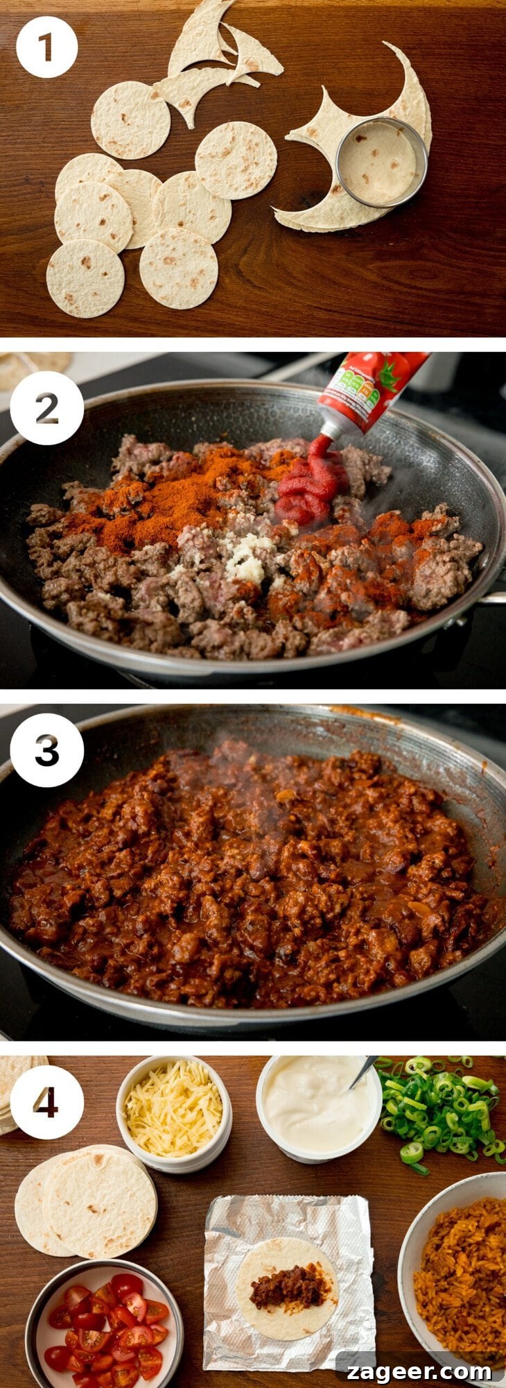 Mini Chicken and Bean Burritos with Zesty Salsa Recipe 5 Tall four image collage showing how to prep ingredients for mini burritos.