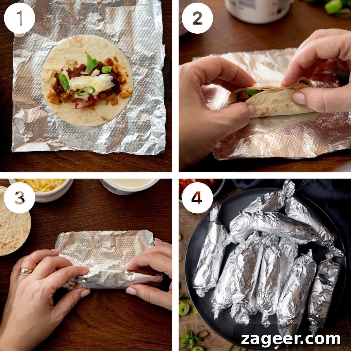 Mini Chicken and Bean Burritos with Zesty Salsa Recipe 6 Square four image collage showing how to assemble mini burritos.