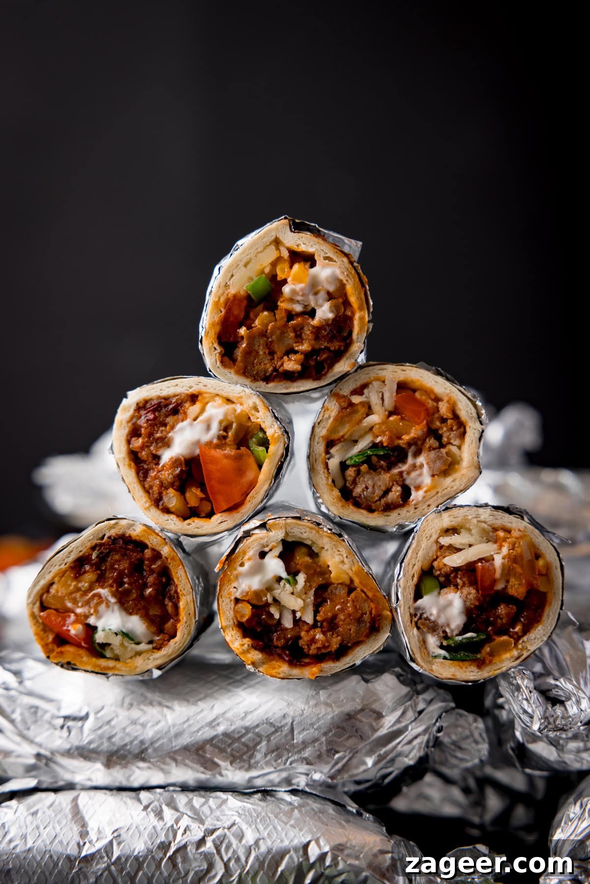 Mini Chicken and Bean Burritos with Zesty Salsa Recipe 7 Tall image showing mini burritos wrapped in foil and placed a pile against a black background. Some of the burritos have been sliced in half and piled on top of the whole burritos to show the filling.