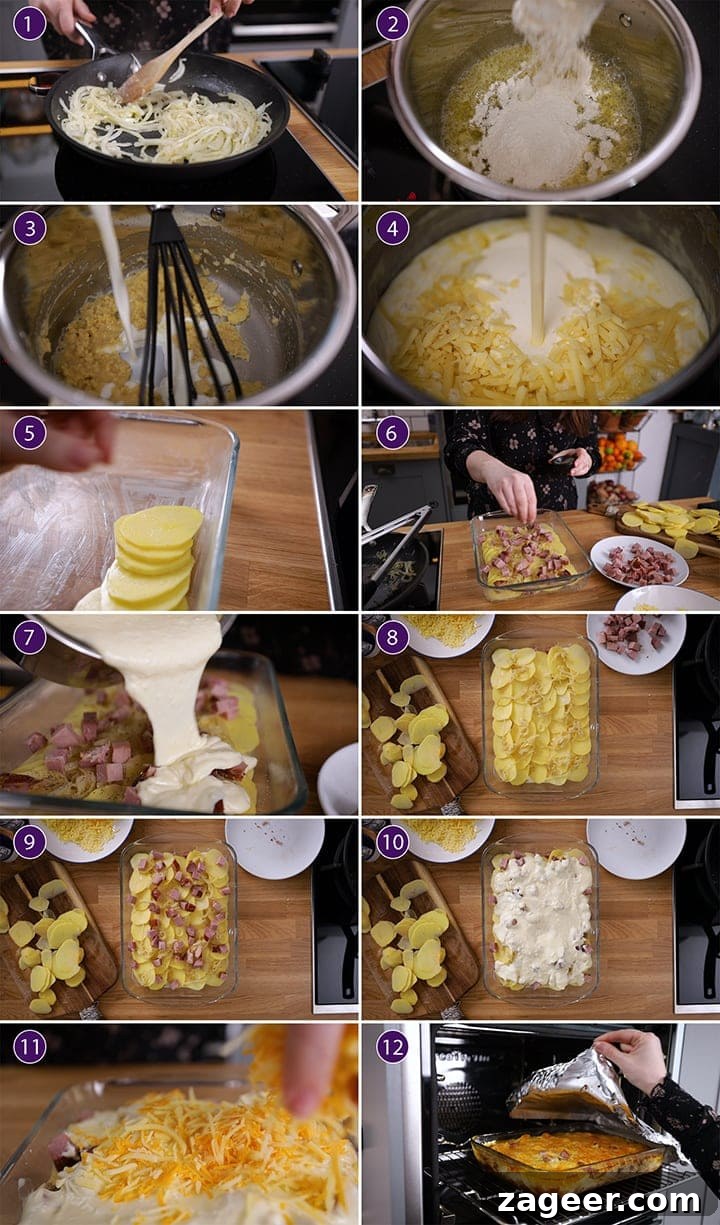 Creamy Scalloped Potatoes with Ham and Cheese Bake 3 12 photo collage showing how to make scalloped potatoes with ham