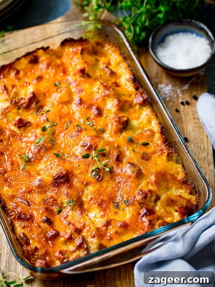 Creamy Scalloped Potatoes with Ham and Cheese Bake 4 Scalloped potatoes with ham in a dish
