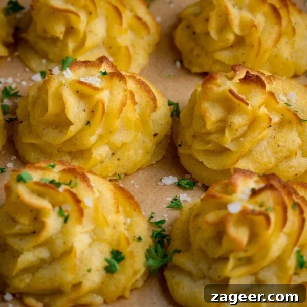 Creamy Scalloped Potatoes with Ham and Cheese Bake 8 Close up square image of a tray full of piped, baked, Duchess potatoes