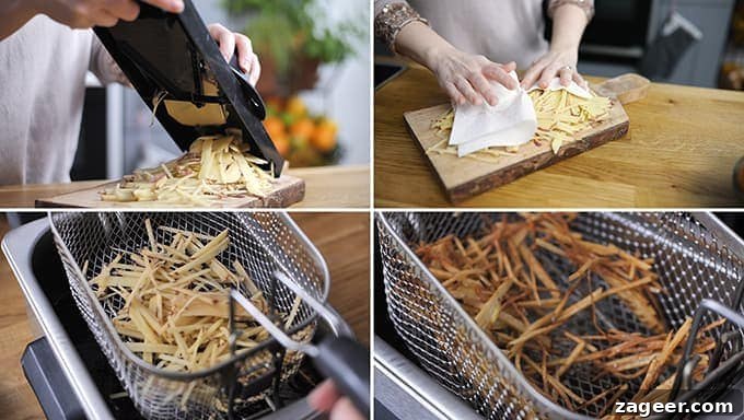 Crispy Fish Sandwich with Shoestring Fries Recipe 2 Collage of four images showing the making of shoestring fries. 1: slicing potatoes on a mandolin, 2: drying fries with kitchen roll, 3: fries going into fryer, 4: cooked fries being lifted out of fryer.