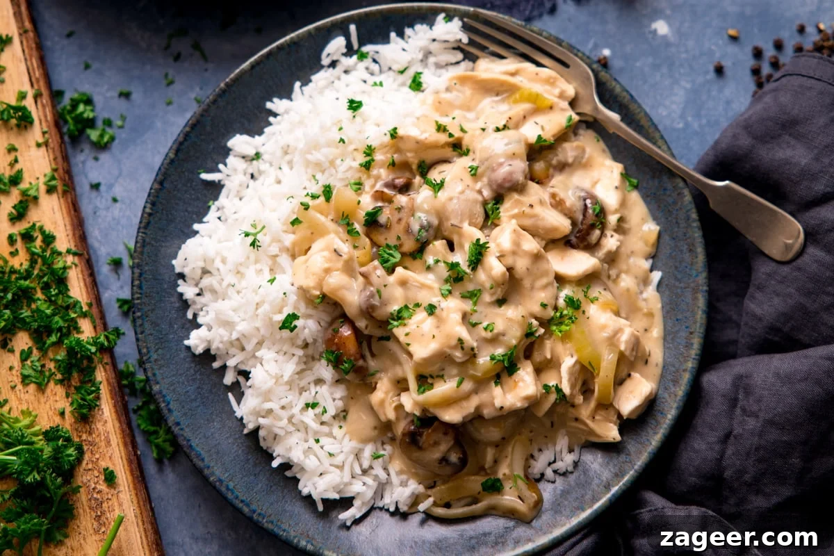Creamy Chicken à la King Recipe — Classic Comfort Dish 2 Wide image of chicken ala king with boiled rice on a dark plate on a blue backgrouns. Chopping board with parsley on just in shot to the left.