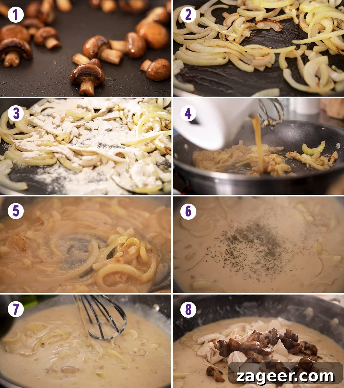 Creamy Chicken à la King Recipe — Classic Comfort Dish 5 Collage of 8 images showing the process of making chicken al a king