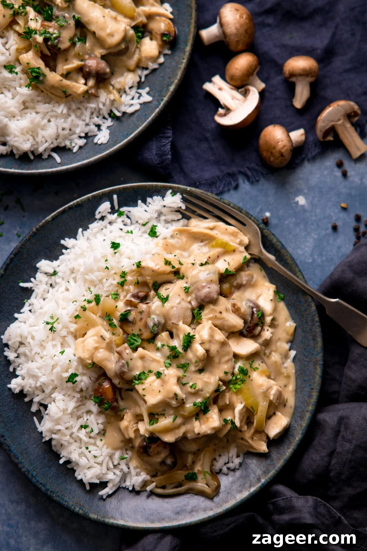 Creamy Chicken à la King Recipe — Classic Comfort Dish 6 Chicken ala king with rice on a dark blue plate. Further plate in the background.
