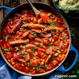 Pantry-Friendly Recipes: Delicious Meals from Store Cupboard Staples 3 Sausage and bean casserole in a blue pan