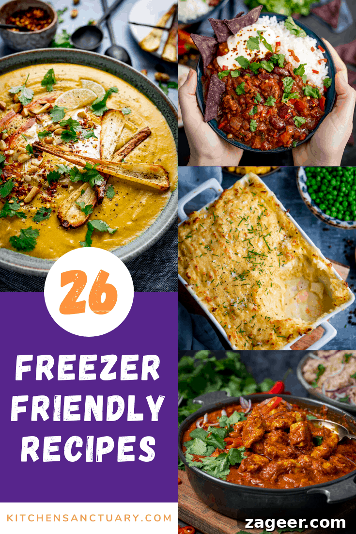 four images of food with the text reading 26 freezer friendly recipes