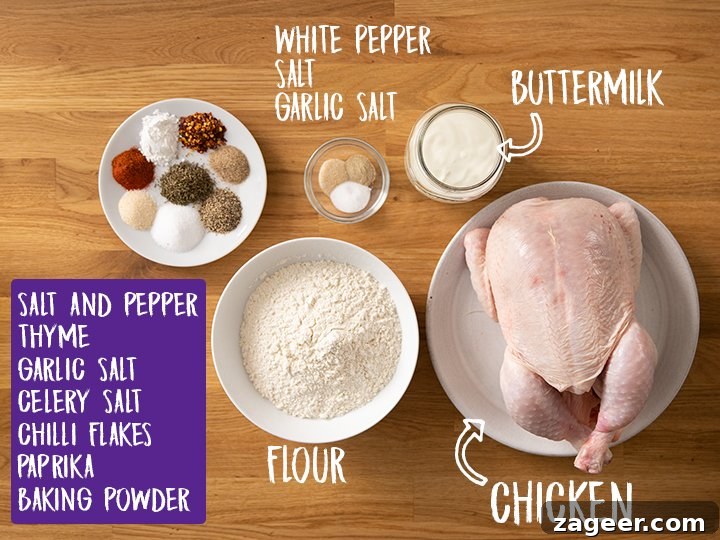 Crispy Fried Chicken Recipe for Perfectly Crunchy Skin 4 Ingredients for crispy fried chicken on a wooden table
