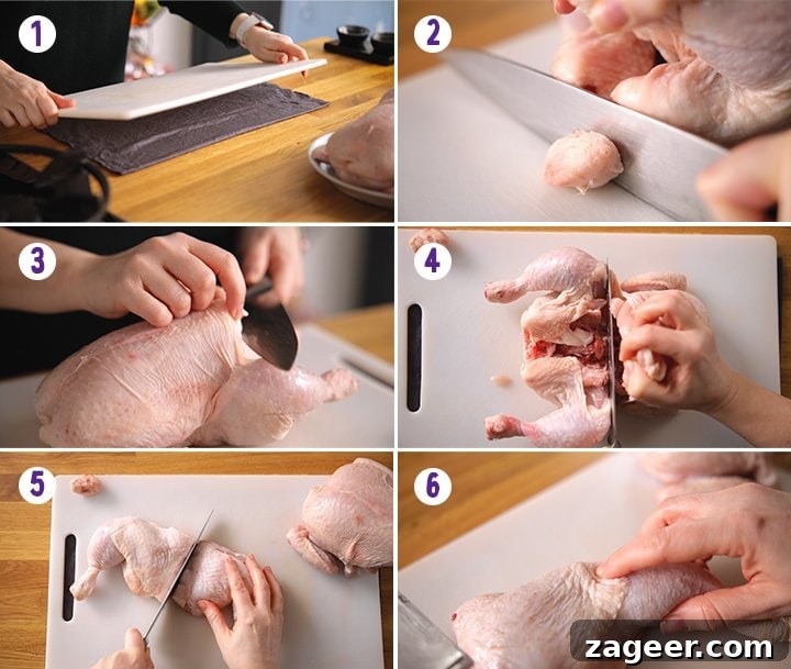 Crispy Fried Chicken Recipe for Perfectly Crunchy Skin 5 6 image collage showing the initial stages of jointing a chicken