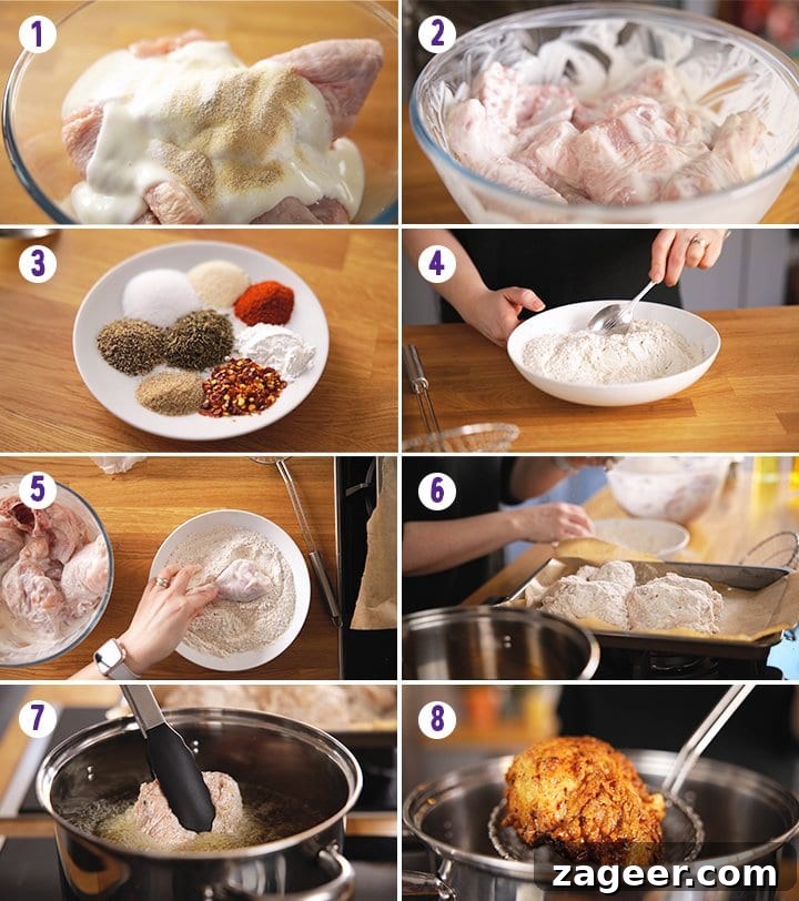 Crispy Fried Chicken Recipe for Perfectly Crunchy Skin 7 8 image collage showing how to make crispy fried chicken