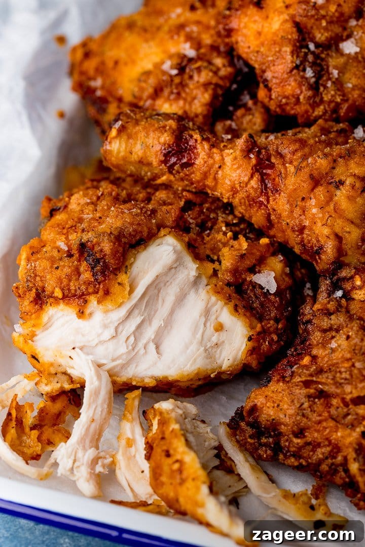 Crispy Fried Chicken Recipe for Perfectly Crunchy Skin 8 Pieces of crispy fried chicken - one piece with some of the chicken shredded