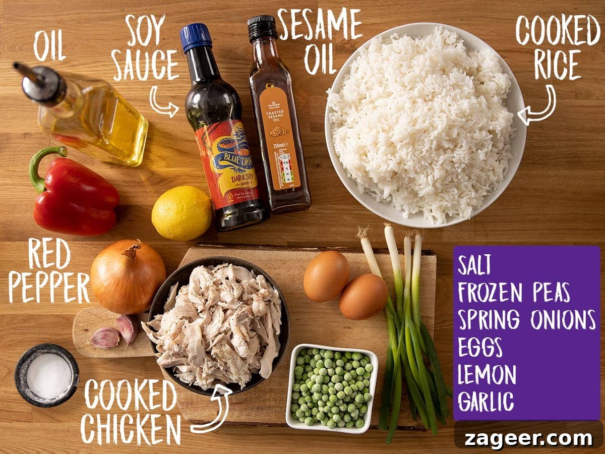 Ultimate Chicken Fried Rice Recipe for Flavorful Weeknight Meals 3 Ingredients for Chicken Fried Rice on a wooden table