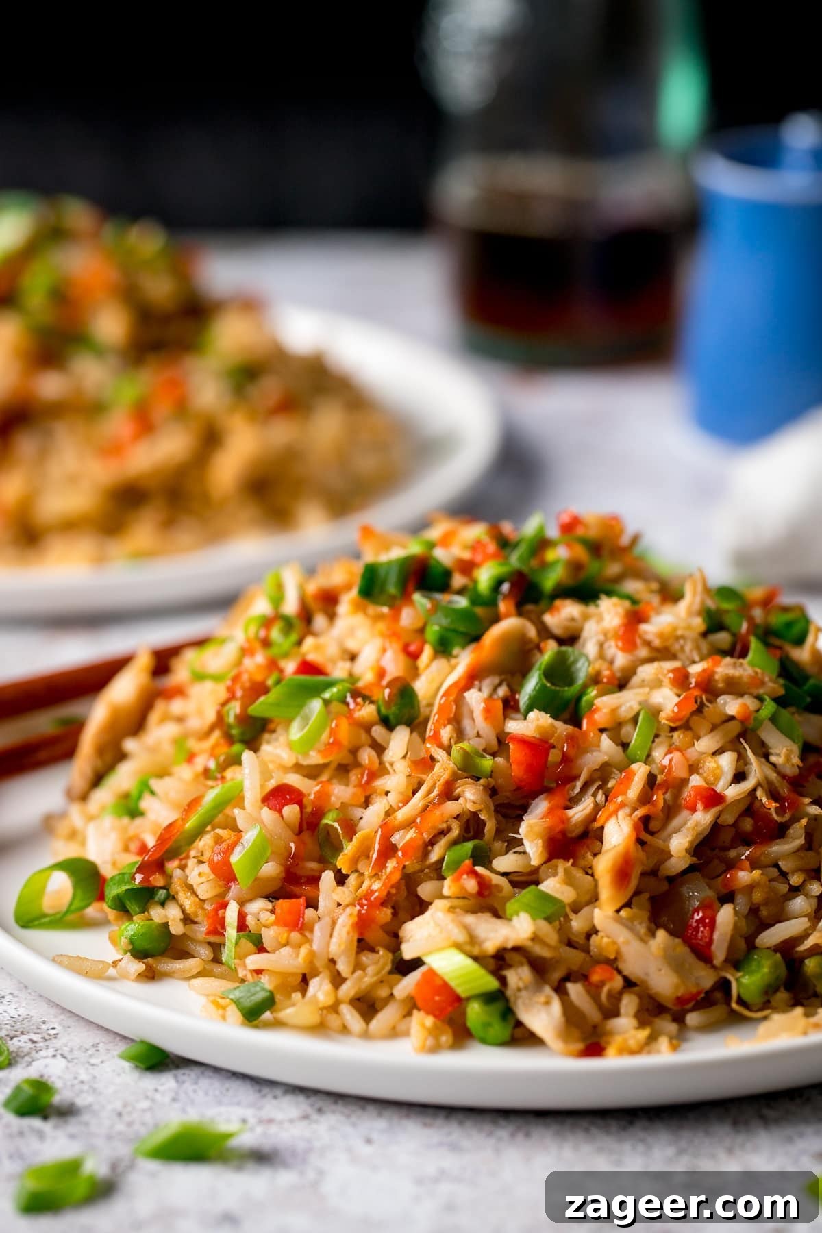 Ultimate Chicken Fried Rice Recipe for Flavorful Weeknight Meals 5 A side-on image of Chicken Fried Rice on a plate with chilli sauce on top. The plate is on a light background and there is a further plate of fried rice in the background.