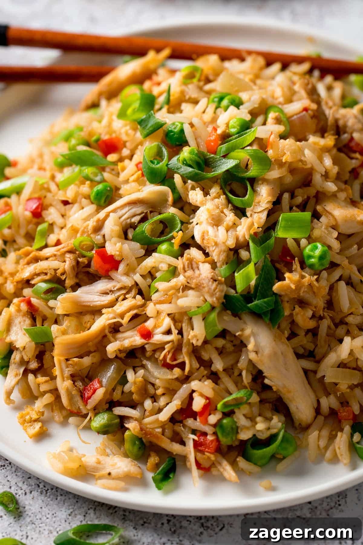 Ultimate Chicken Fried Rice Recipe for Flavorful Weeknight Meals 6 Close up image of Chicken Fried Rice on a white plate. The rice is topped with slices of spring onions (scallions).