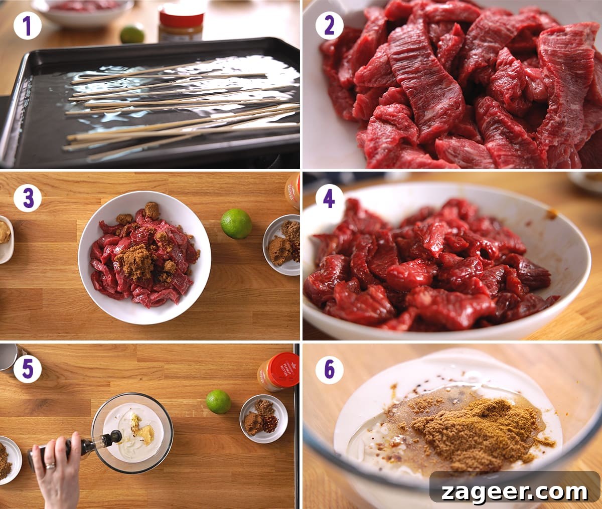 Grilled Beef Satay Recipe: Tender Skewers with Peanut Sauce 5 6 image collage showing initial steps in making beef satay