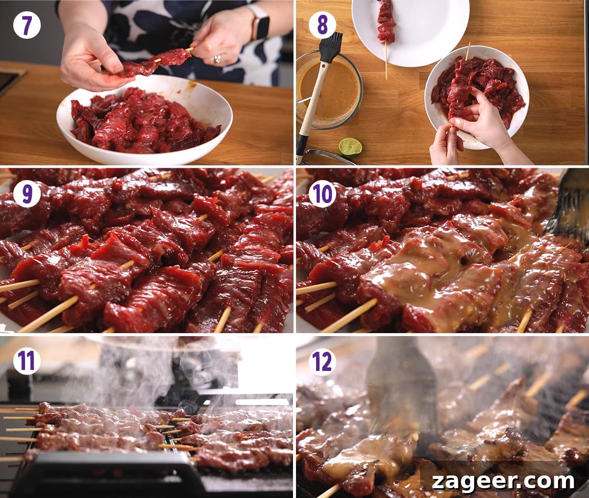 Grilled Beef Satay Recipe: Tender Skewers with Peanut Sauce 6 6 image collage showing final steps for making beef satay