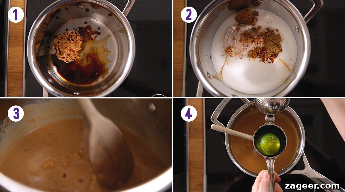 Grilled Beef Satay Recipe: Tender Skewers with Peanut Sauce 8 4 image collage showing how to make satay sauce