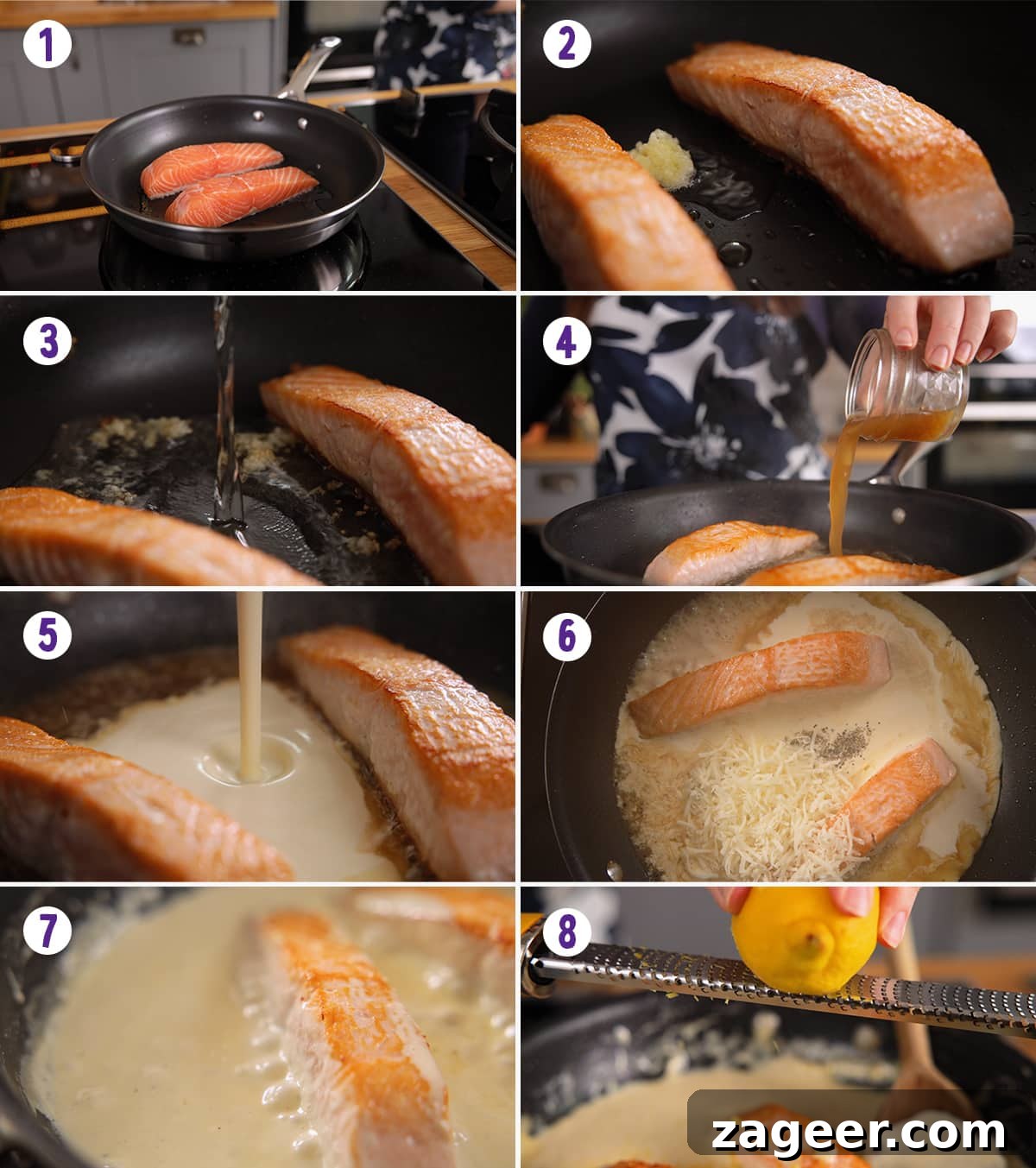Creamy White Wine Salmon Recipe with Garlic and Herbs 4 8 image collage showing how to make salmon with creamy white wine sauce