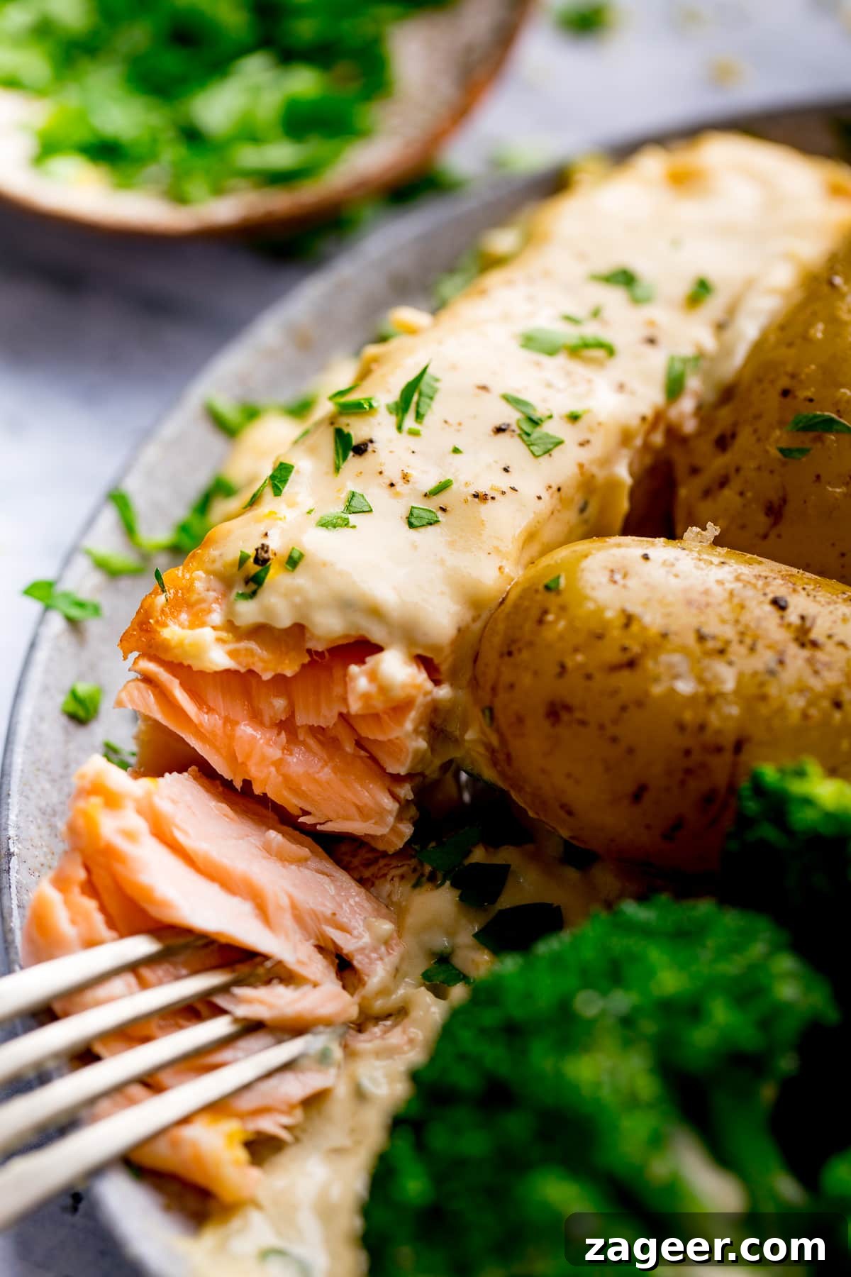 Creamy White Wine Salmon Recipe with Garlic and Herbs 5 Close up of a piece of salmon in creamy sauce being flaked with a fork