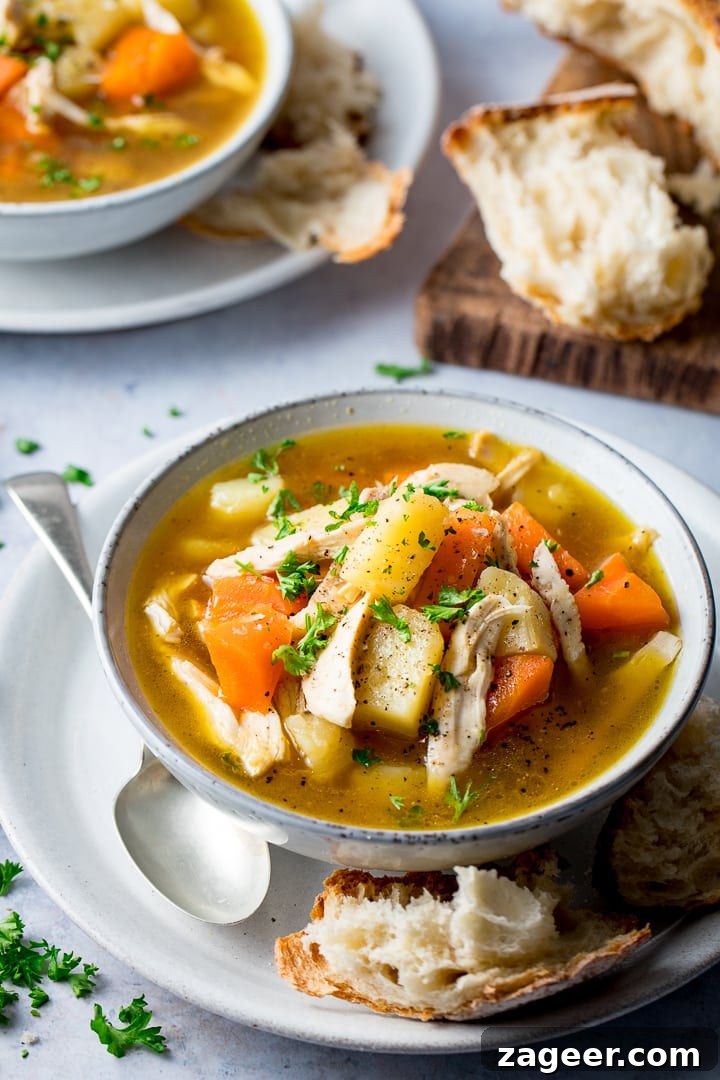 Heaping Chicken and Vegetable Soup Recipe — Comfort in a Bowl 2 Bowl of chicken and vegetable soup with bread on the side
