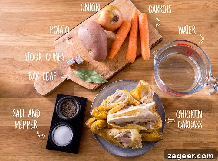 Heaping Chicken and Vegetable Soup Recipe — Comfort in a Bowl 4 Ingredients for chicken soup on a wooden background