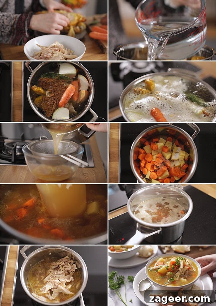 Heaping Chicken and Vegetable Soup Recipe — Comfort in a Bowl 5 10 image collage showing how to make chicken and vegetable soup