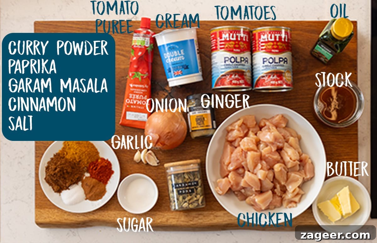 Slow-Cooker Butter Chicken Recipe for Tender, Creamy Meals 3 Ingredients for crock pot butter chicken on a large wooden chopping board.