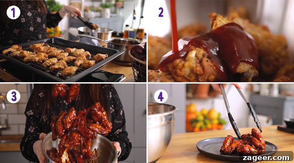 Perfect BBQ Chicken Wings Recipe: Juicy, Crispy & Smoky 8 4 image collage showing how to smother crispy chicken wings in bbq sauce