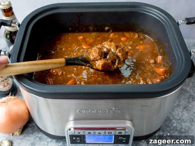 Hearty Beef and Guinness Stew Topped with Crispy Fried Onions 5 Crockpot filled with beef stew