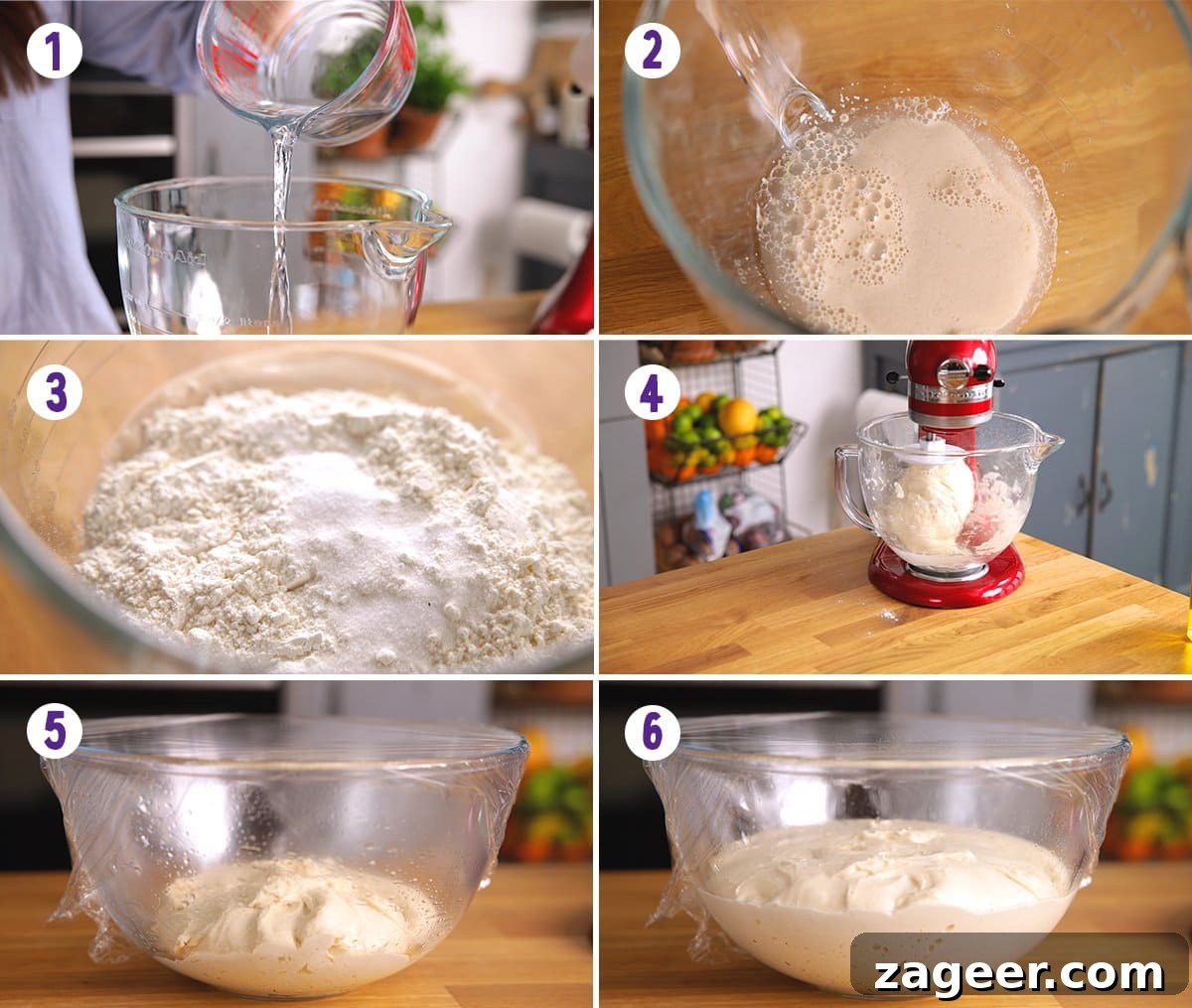 Authentic Artisan Bread Recipe: Simple Sourdough & Crusty Loaf Guide 4 6 image collage showing initial steps for making Artisan bread at home