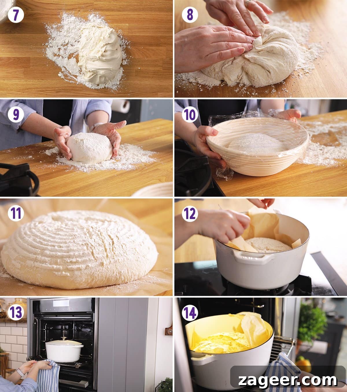 Authentic Artisan Bread Recipe: Simple Sourdough & Crusty Loaf Guide 5 8 image collage showing final steps for making artisan bread at home