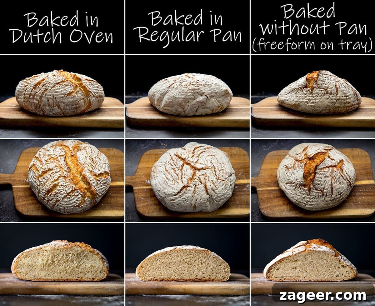 Authentic Artisan Bread Recipe: Simple Sourdough & Crusty Loaf Guide 8 9 image collage showing difference in baking bread in a dutch oven, a regular pan or freeform
