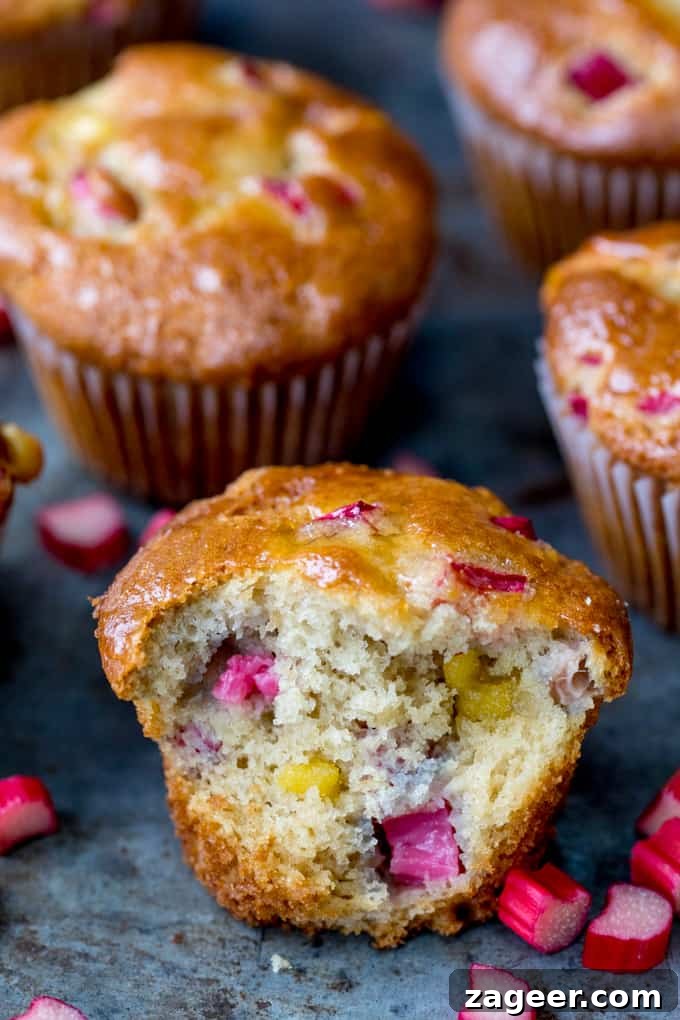 Rhubarb and Marzipan Muffins Recipe for Spring Baking 2 Glazed muffin with rhubarb and marzipan chunks. Bite taken out of muffin. Further whole muffins in the background.