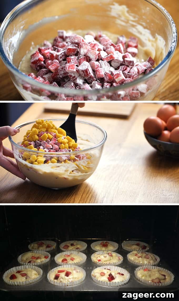 Rhubarb and Marzipan Muffins Recipe for Spring Baking 4 3 preparation photos of making rhubarb and marzipan muffins. Top image of chopped rhubarb tossed in flour. Middle image of marzipan being mixed into cake mix, bottom image of muffins in the oven.