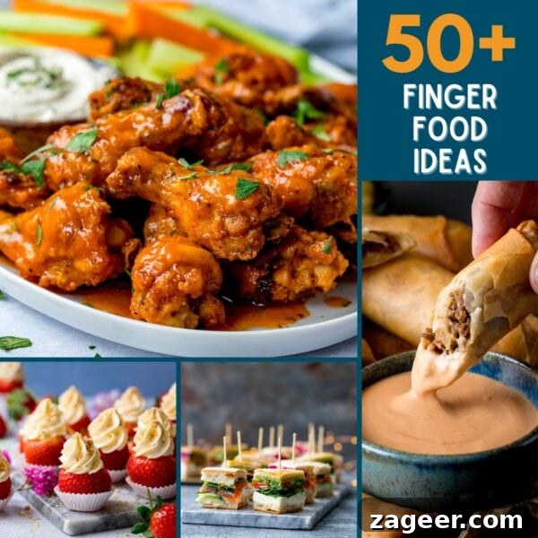 Crispy Homemade Sausage Rolls Recipe for Perfect Party Snacks 11 A collage of 4 different finger foods with a caption that reads "50+ Finger Food Ideas"