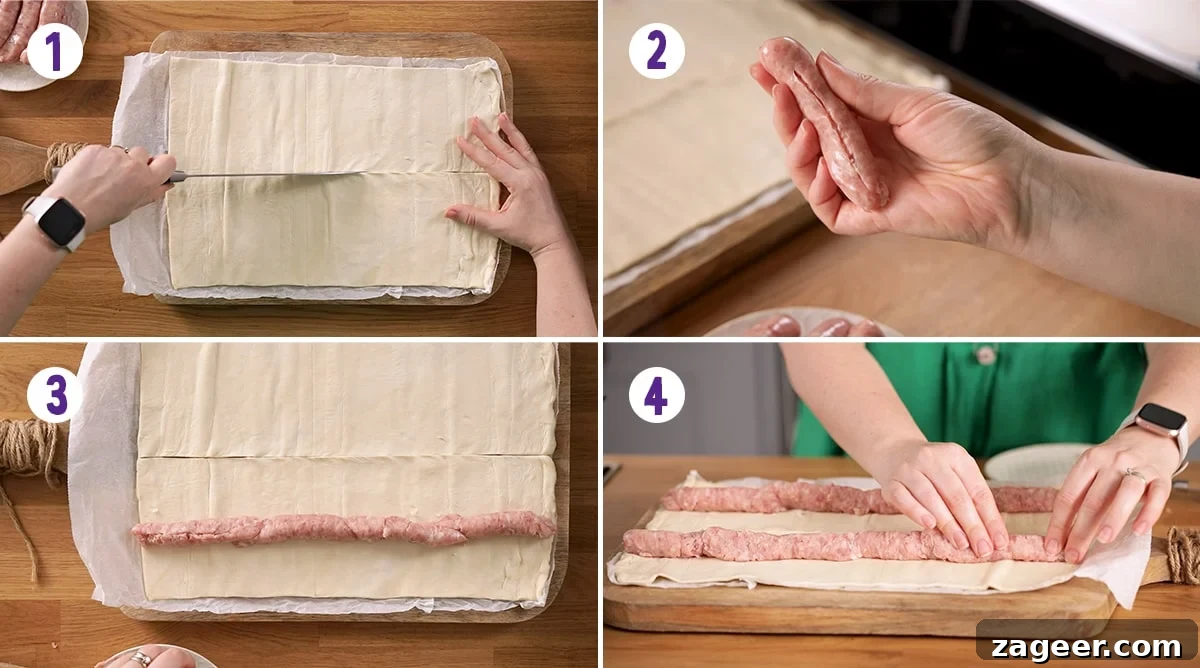 Crispy Homemade Sausage Rolls Recipe for Perfect Party Snacks 5 4 image collage showing initial steps for making homemade sausage rolls