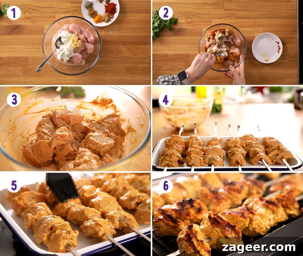 6 image collage showing how to make chicken tikka skewers