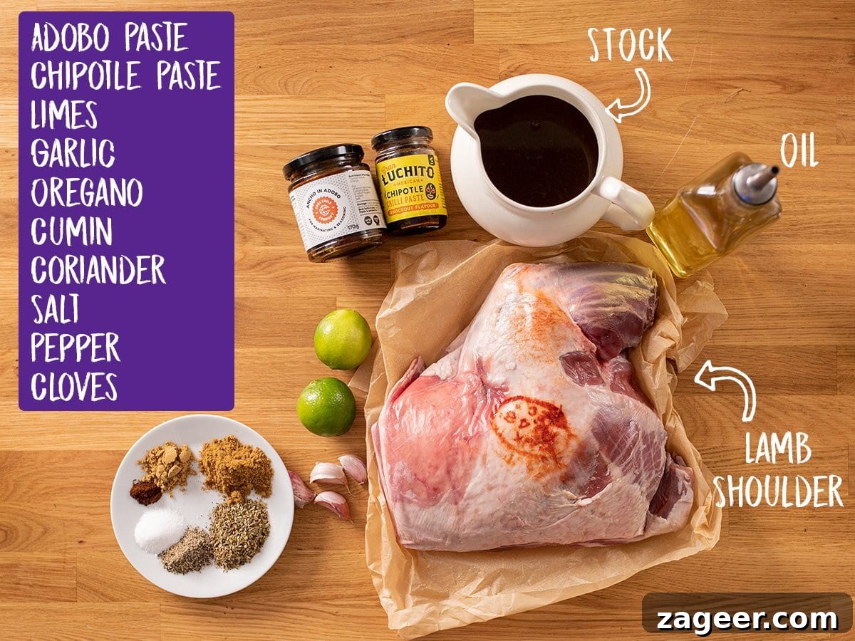 Authentic Lamb Barbacoa Recipe — Slow-Cooked Mexican-Style Lamb 3 Ingredients for lamb barbacoa on a wooden table