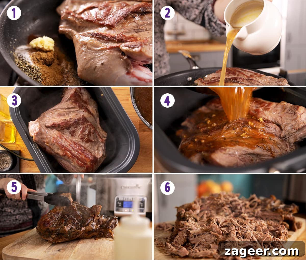 Authentic Lamb Barbacoa Recipe — Slow-Cooked Mexican-Style Lamb 5 6 image collage showing how to make lamb carnitas