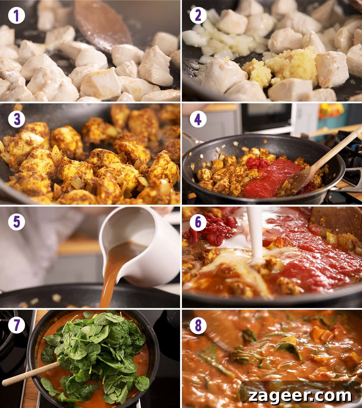 Simple Indian-Style Chicken Curry Recipe for Weeknight Dinners 5 8 image collage showing how to make easy chicken curry