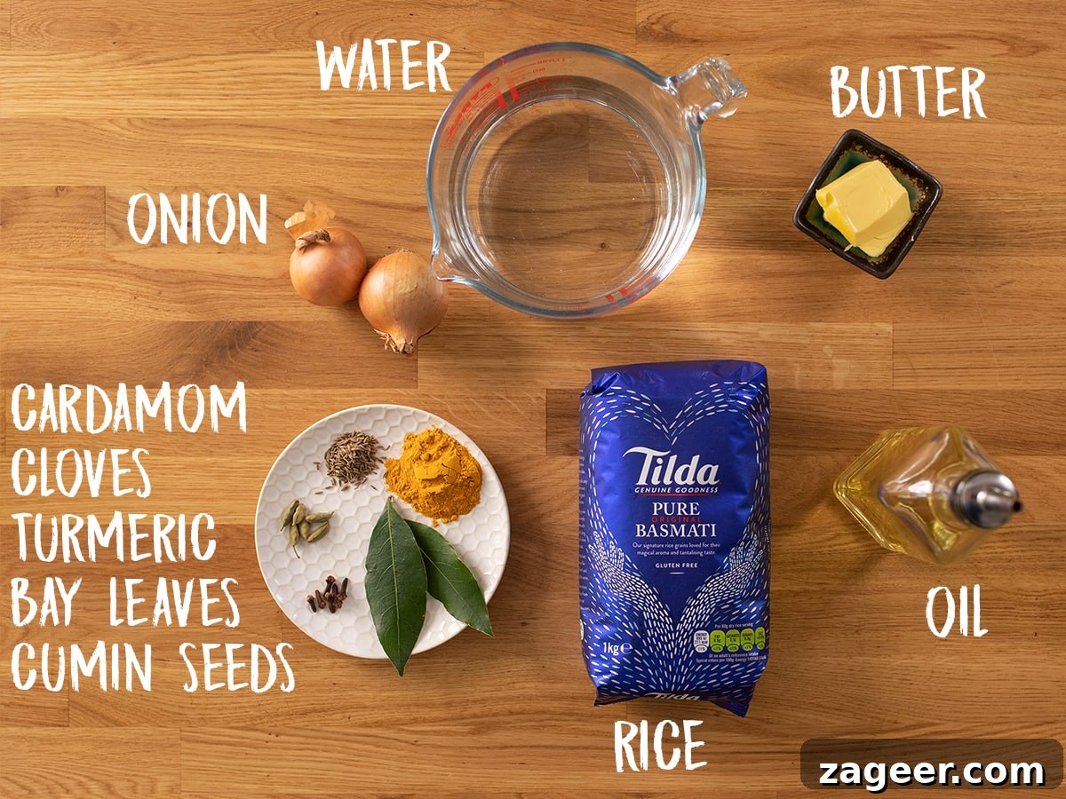Authentic Pilau Rice Recipe: Aromatic Spiced Pilaf Instructions 4 Ingredients for Pilau rice on a wooden table
