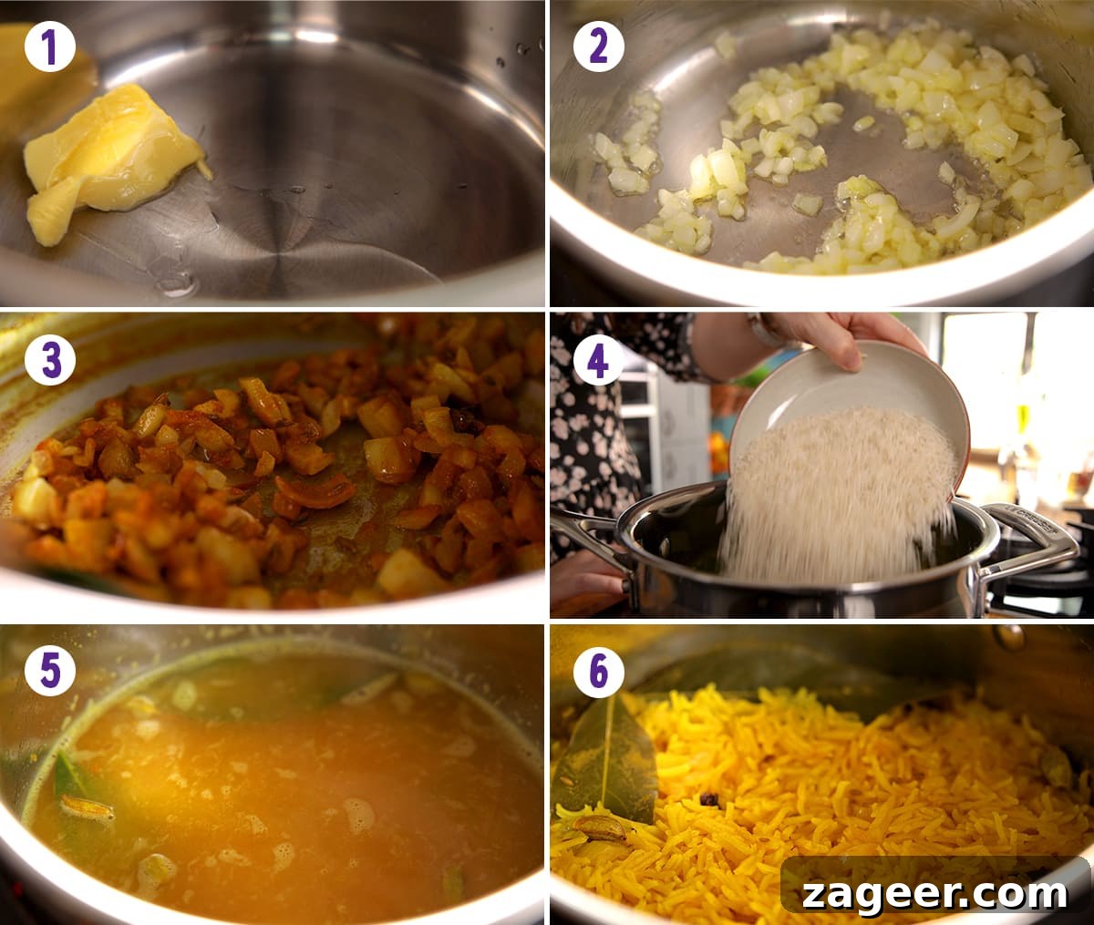 Authentic Pilau Rice Recipe: Aromatic Spiced Pilaf Instructions 5 6 image collage showing how to make Pilau rice