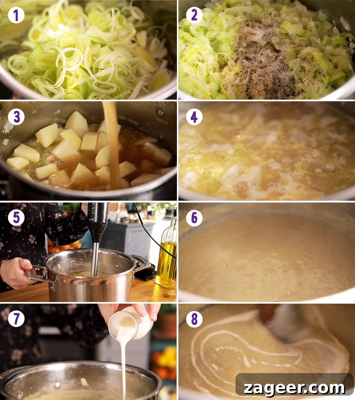 Creamy Leek and Potato Soup Recipe with Fresh Herbs 4 8 image collage showing how to make leek and potato soup