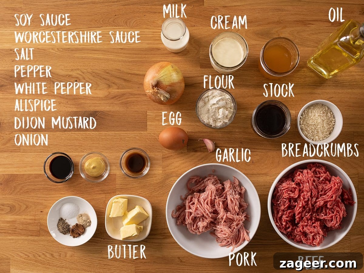 Authentic Swedish Meatball Recipe with Creamy Gravy and Lingonberry 4 Ingredients for Swedish meatballs and the ikea style meatball gravy on a wooden table.