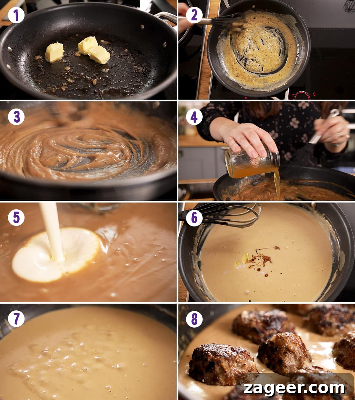 Authentic Swedish Meatball Recipe with Creamy Gravy and Lingonberry 6 8 image collage showing how to make the gravy for Swedish meatballs