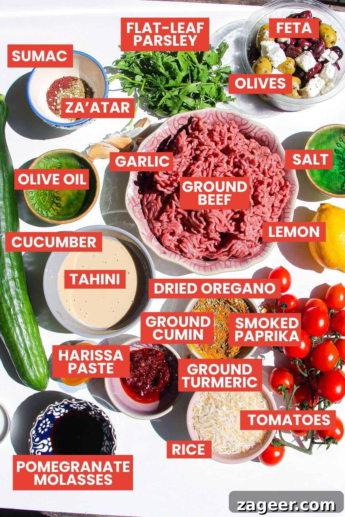 Mediterranean Ground Beef and Rice Bowls with Feta & Herbs 4 Ingredients for Mediterranean beef rice bowls laid out and labelled.